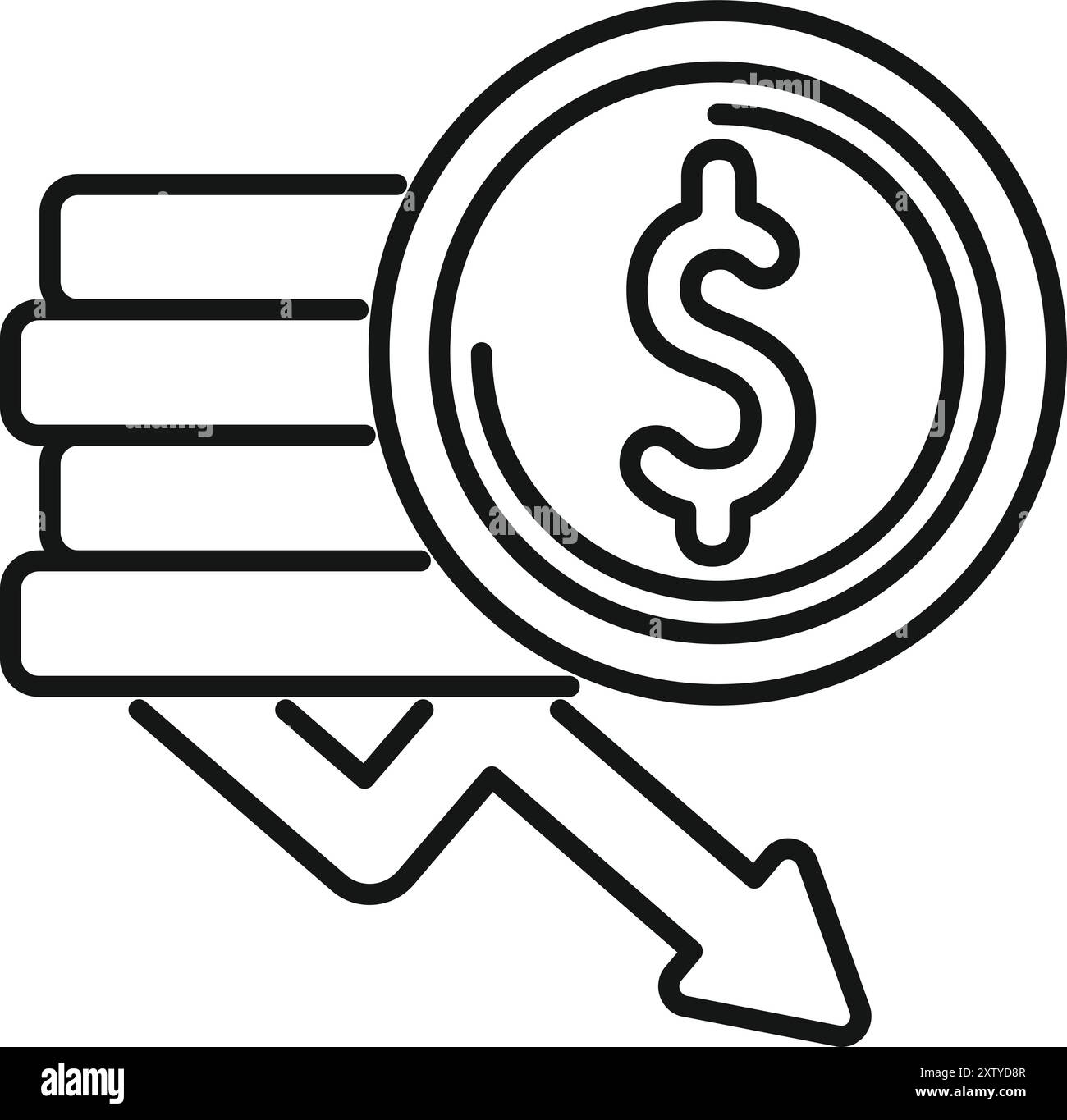 Linienzeichnung einer Dollarmünze und einem Pfeil nach unten, der eine Finanzkrise symbolisiert Stock Vektor