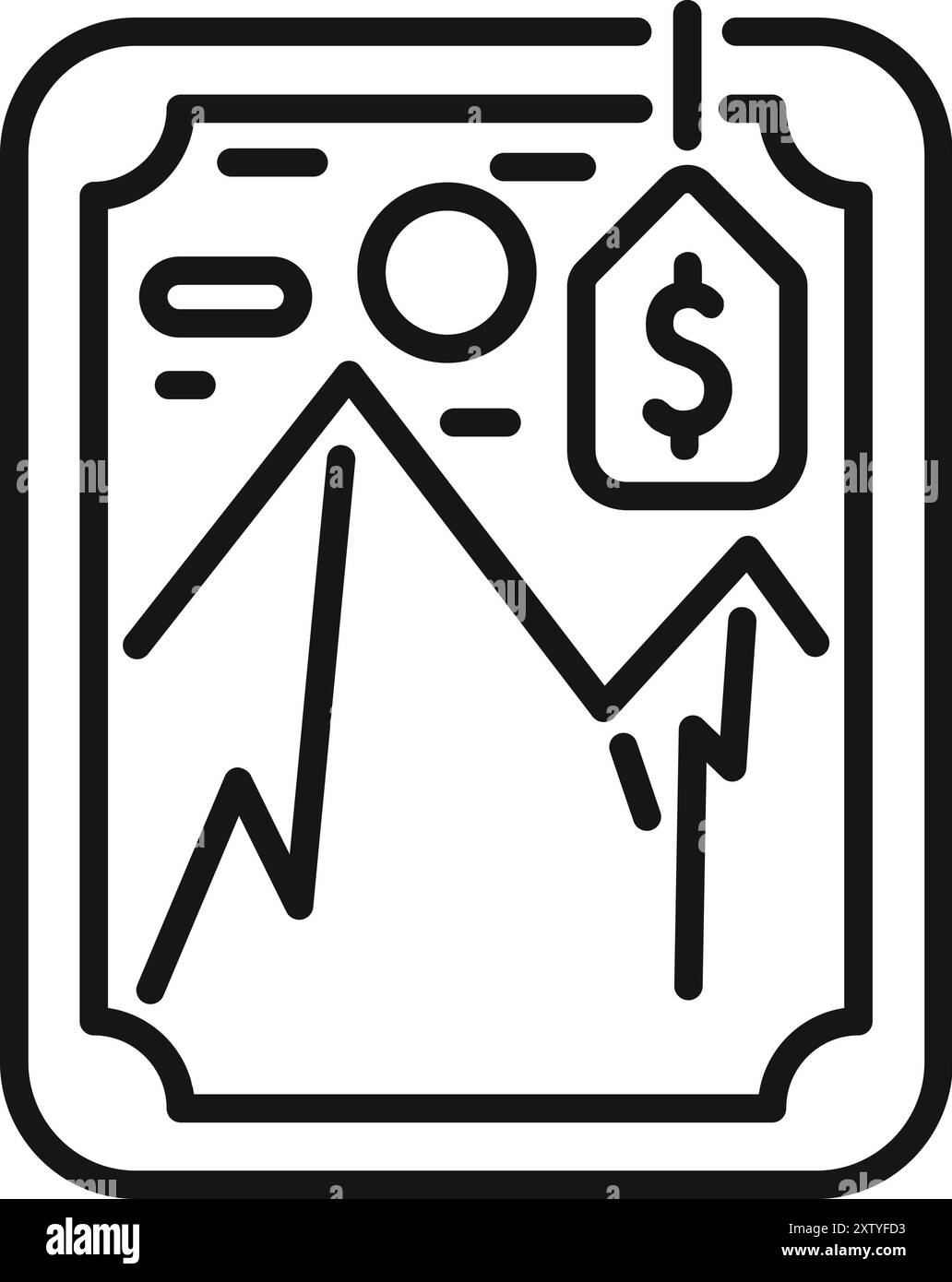Line Art Ikone eines Landschaftsgemäldes mit Bergen, das in einer Kunstgalerie für Geld verkauft wird Stock Vektor