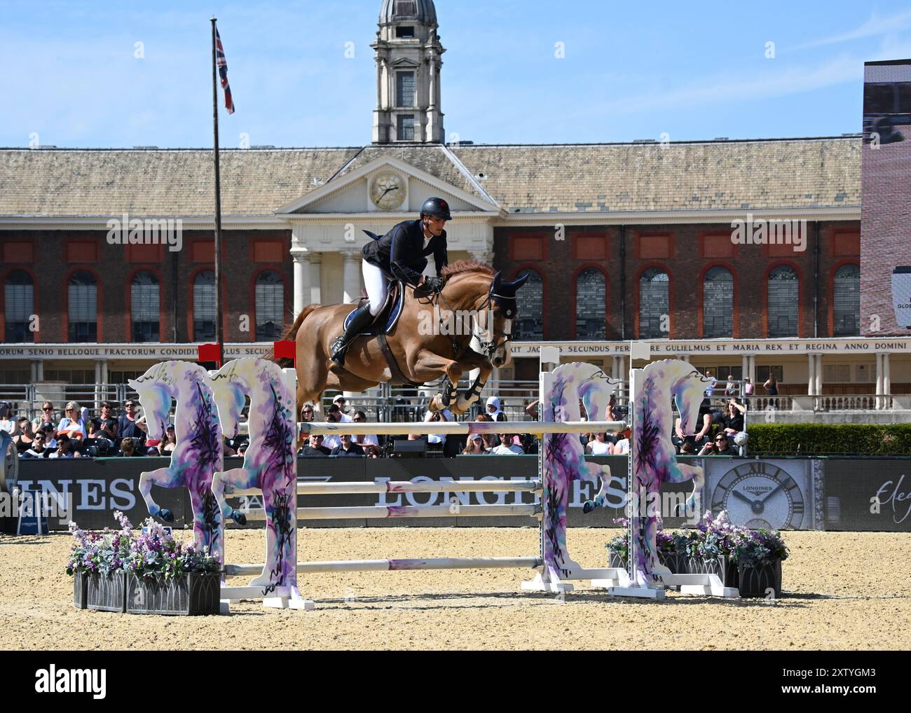 LONDON, GROSSBRITANNIEN. August 2024. Olivier Philippaerts trat während der Longines Global Champions Tour in zwei Phasen des Springens im Royal Hospital Chelsea in London an. Quelle: Siehe Li/Picture Capital/Alamy Live News Stockfoto