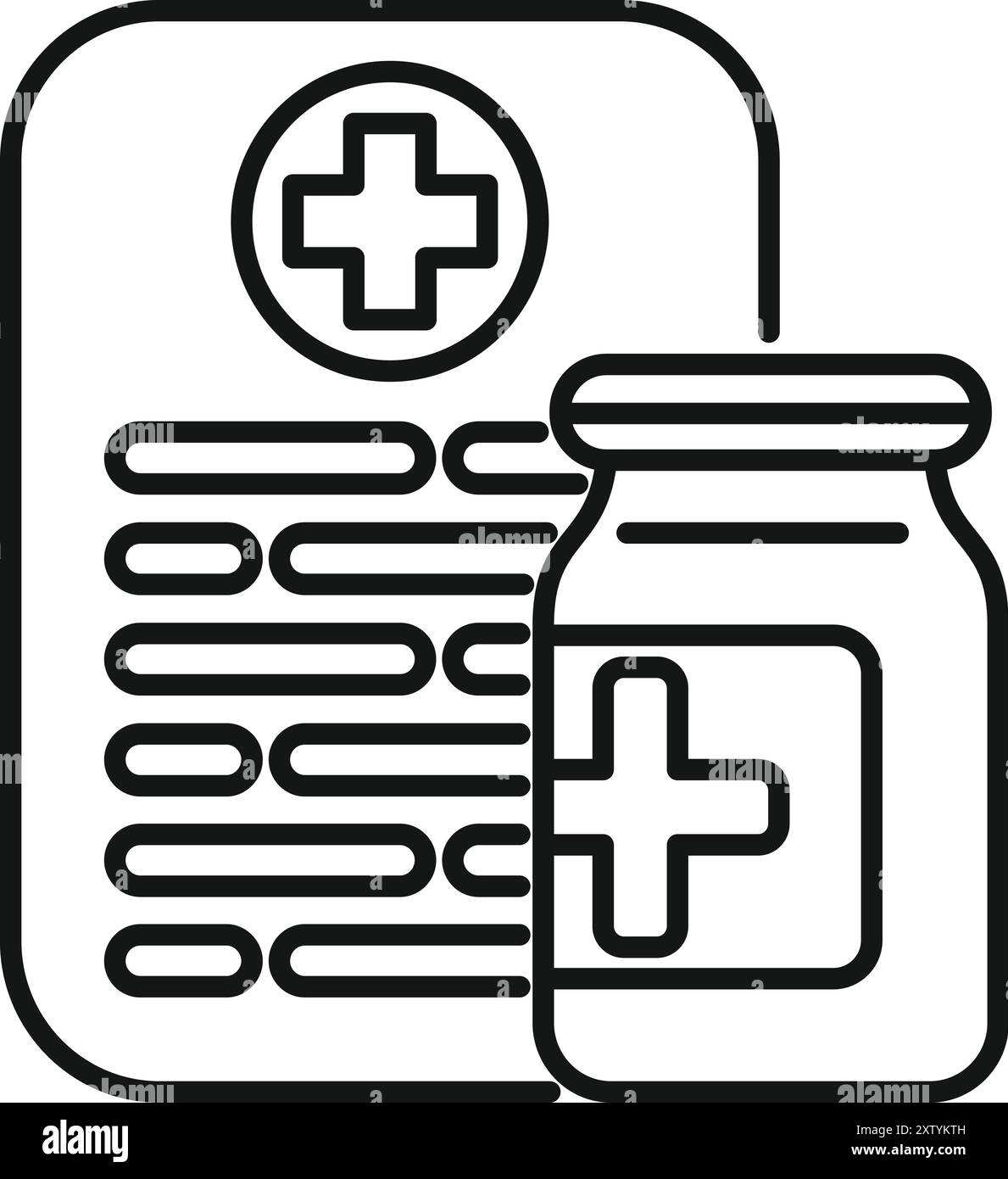 Ärztliches Rezeptformular mit Arzneimittelflasche, die eine Gesundheitsbehandlung anzeigt Stock Vektor