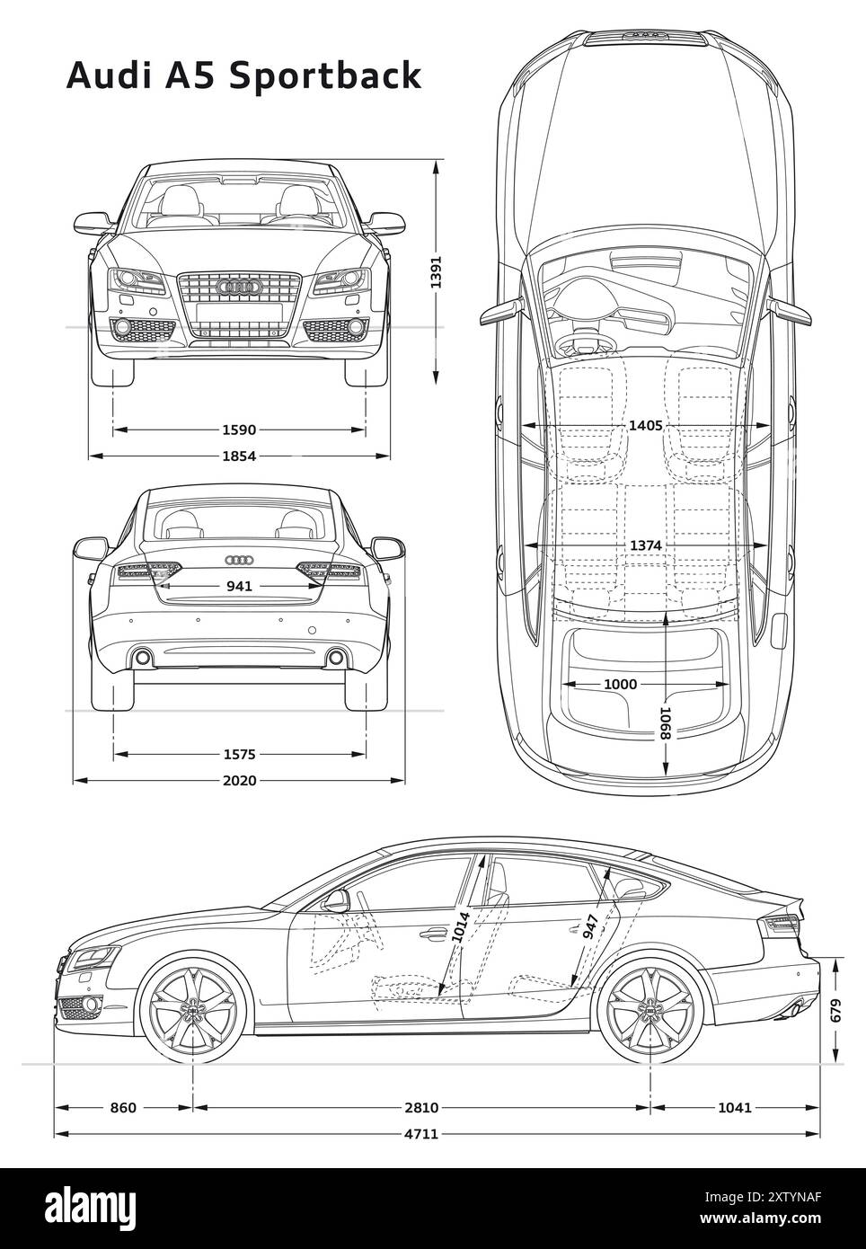 Audi A5 Sportback 2009 Car Blueprint PDF EPS Vektordatei Stock Vektor