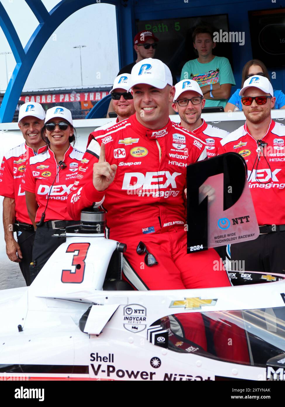 Madison, IL 16. August 2024: Scott McLaughlin Team Penske gewinnt die Pole. 8. Jährliches INDYCAR-Rennen der Bommarito Automotive Group 500 auf der WWTR-Rennstrecke. Stockfoto