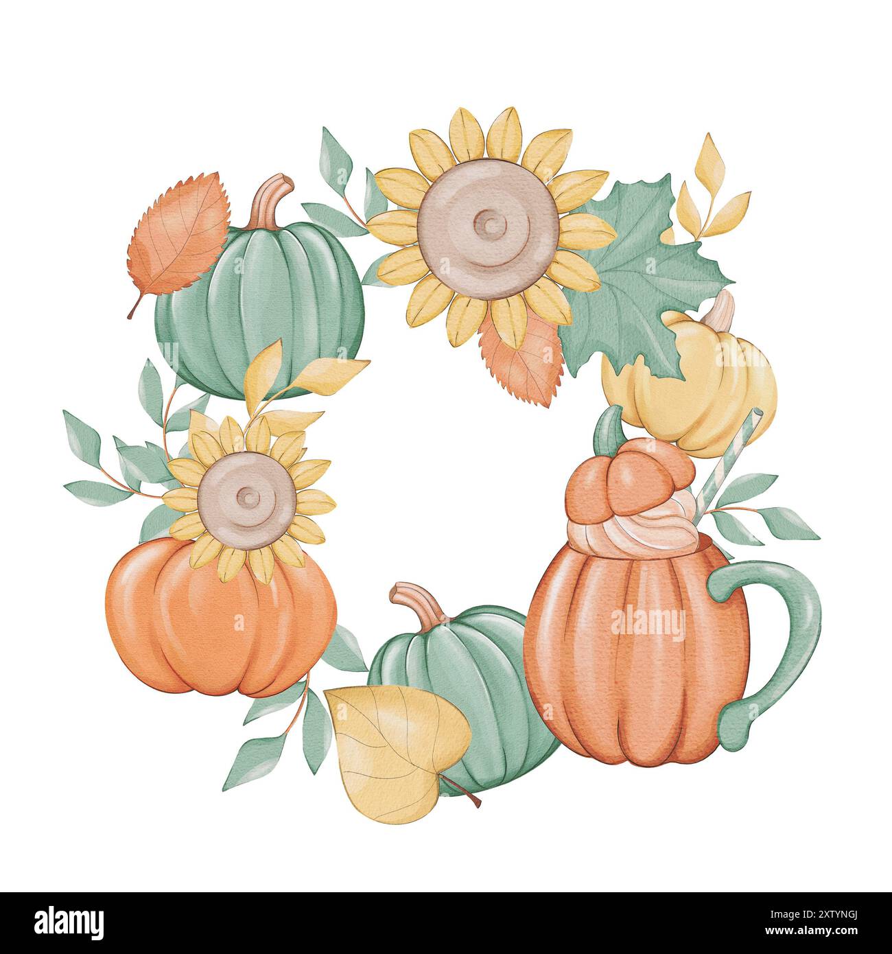 Illustrationskranz mit Kürbissen, Sonnenblumen, Blättern und einem Becher Stockfoto