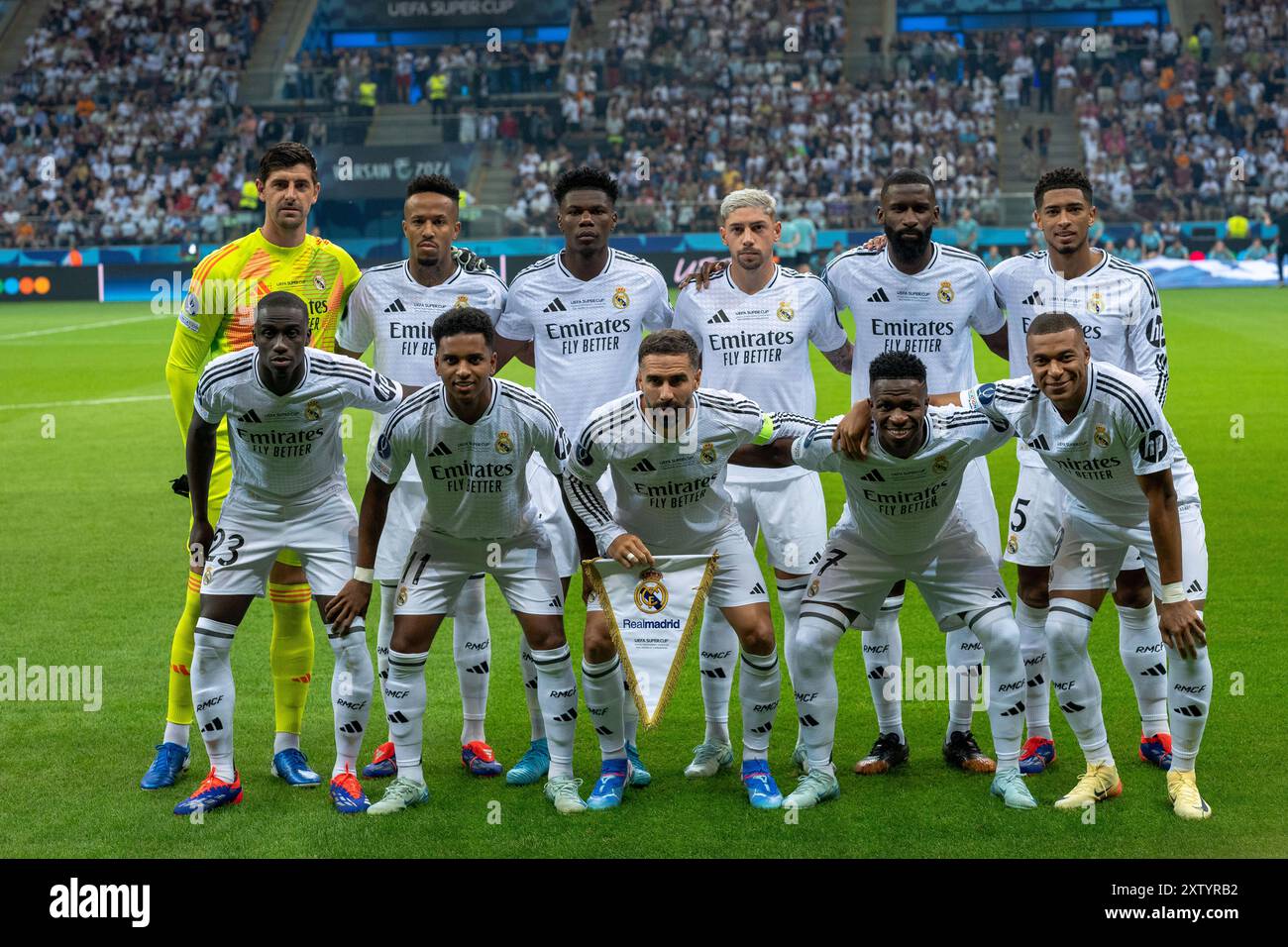 WARSCHAU, POLEN - 14. AUGUST: Teamfoto von Real Madrid CF von Real Madrid auf Kylian Mbappe Debüt beim UEFA Super Cup 2024 zwischen Real Madri Stockfoto