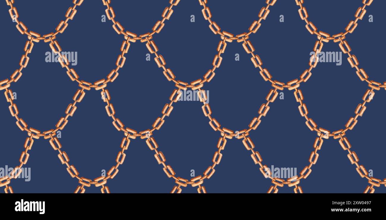 Goldenes Kettenmuster auf einer blauen Aquarellabbildung. Schmuck, Accessoires oder Ankerkette. Vintage-Links isoliert vom Hintergrund. Kann sein Stockfoto