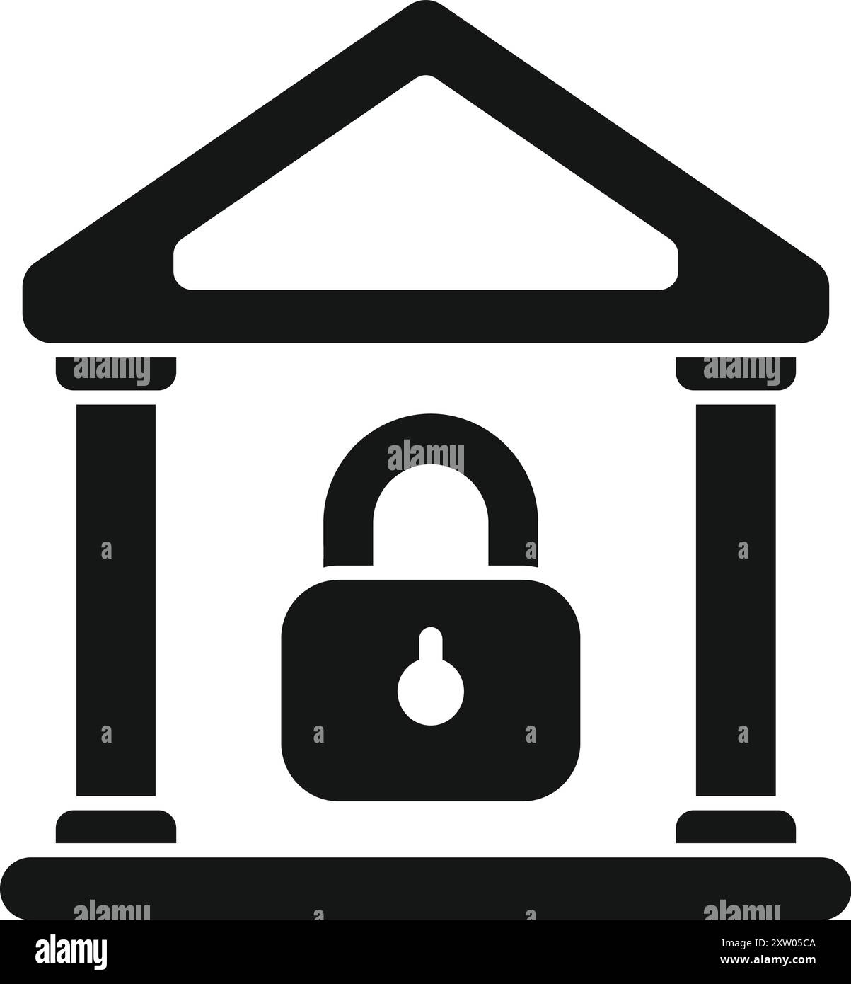 Einfaches und minimalistisches schwarzes Symbol eines Bankgebäudes mit einem Vorhängeschloss, das finanzielle Sicherheit und Vertrauen symbolisiert Stock Vektor