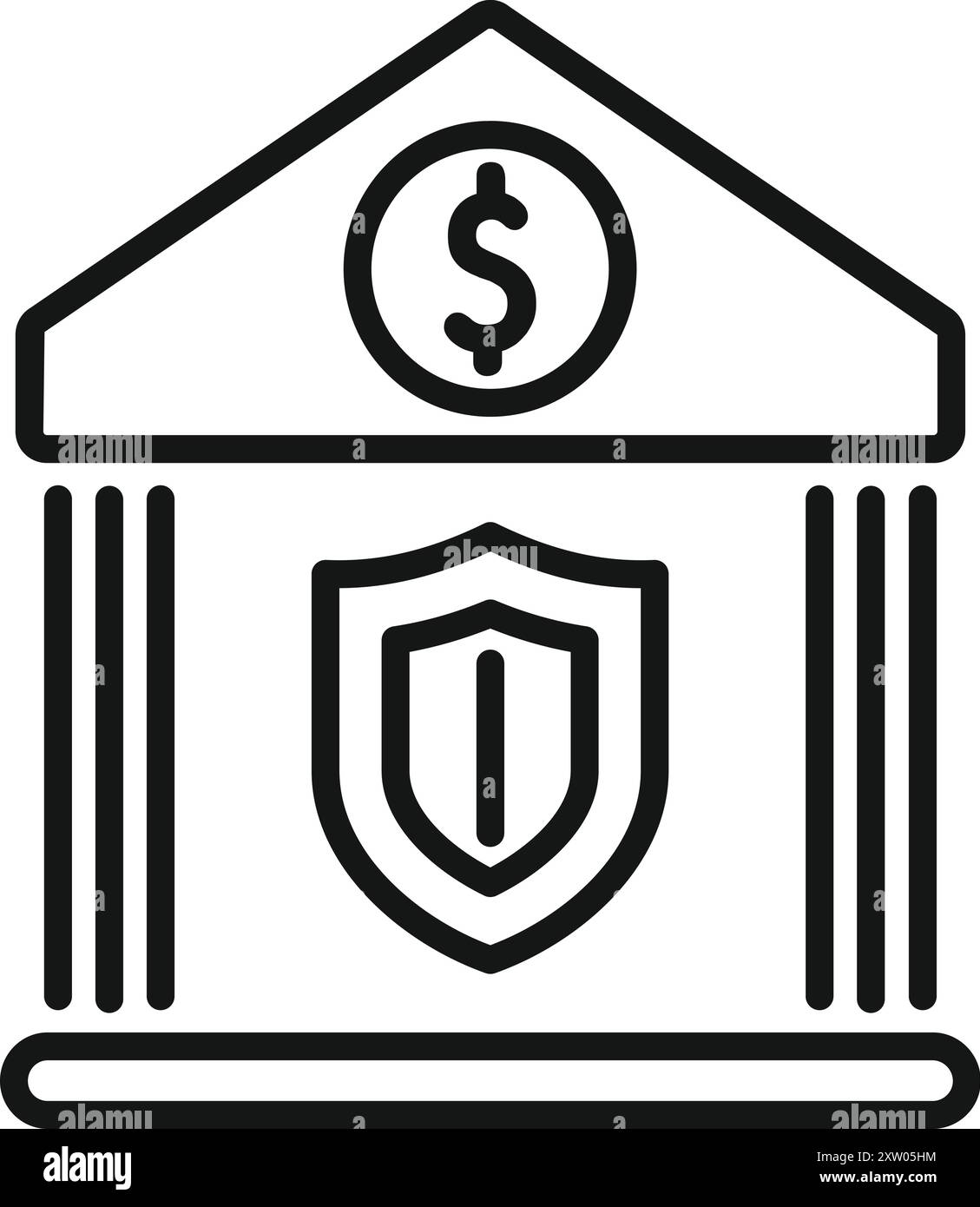 Einfache Strichkunst-Ikone einer Bankfassade mit einem markanten Schild, das finanzielle Sicherheit und Schutz symbolisiert Stock Vektor