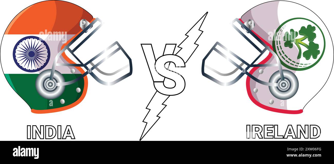 Indien vs. Irland 3D-Illustration Vektorflaggen über Crickethelm für Vergleich mit transparentem weißem Hintergrund Stock Vektor