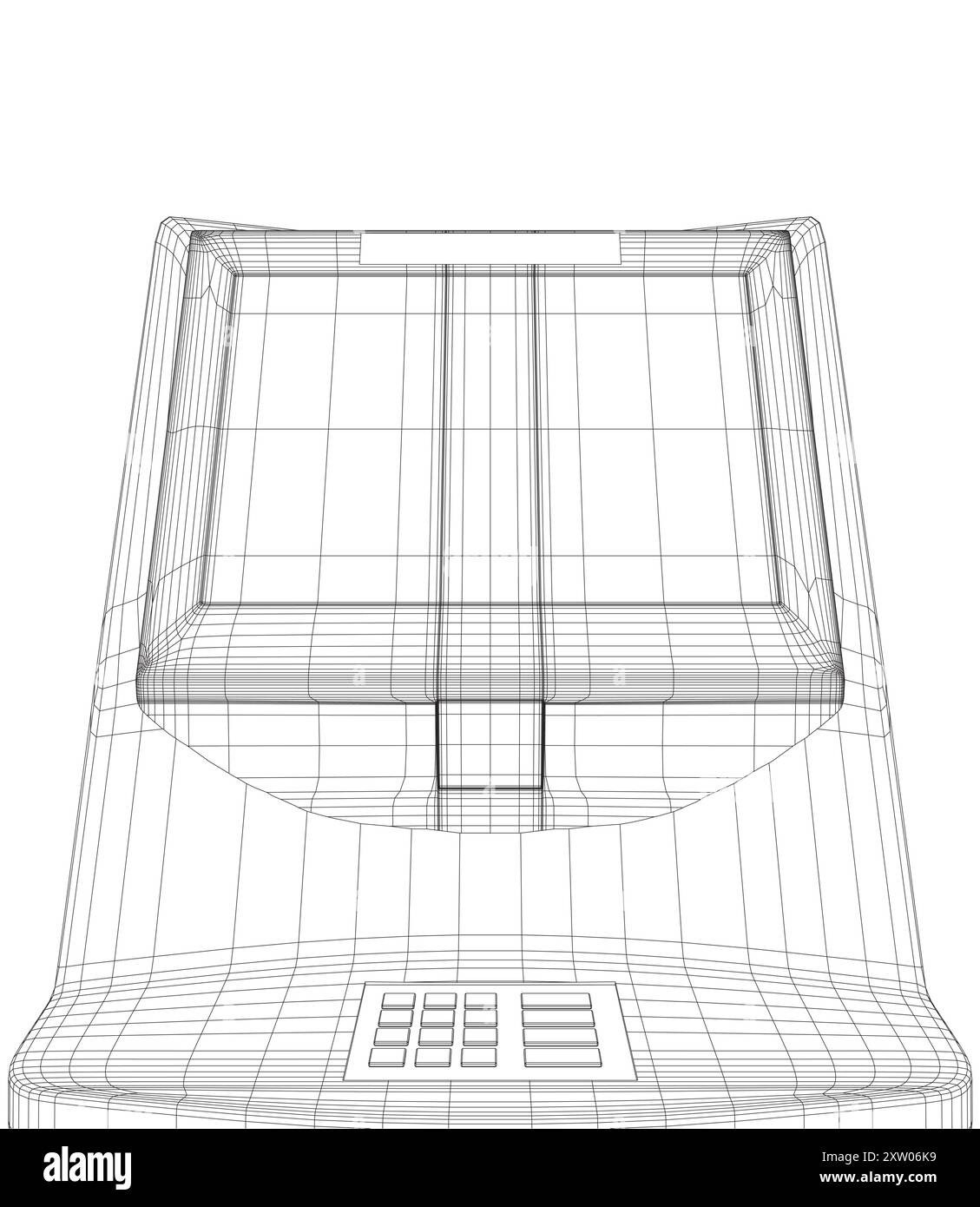 Drahtmodell-Geldautomat mit Display. Bankterminal für Transaktionen, Abheben von Geld und Einzahlen auf das Konto. Vektor-Illustration des Umrisses des Geldautomaten mit Polizisten Stock Vektor