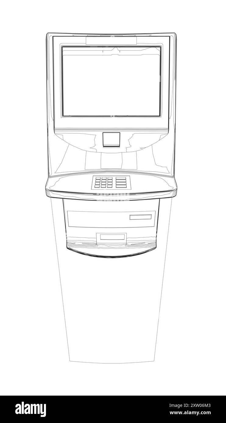 Contour ATM mit Display. Bankterminal für Transaktionen, Abheben von Geld und Einzahlen auf das Konto. Vektor-Illustration des Umrisses des Geldautomaten mit Kopie Stock Vektor