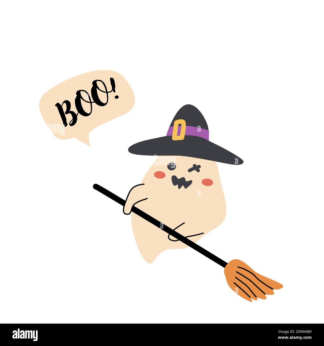 Niedliche Geisterhexe der halloweens. Kinderfigur mit lustigem Gesicht und Sprechblase Buh oder gruseliger Nacht. Stock Vektor