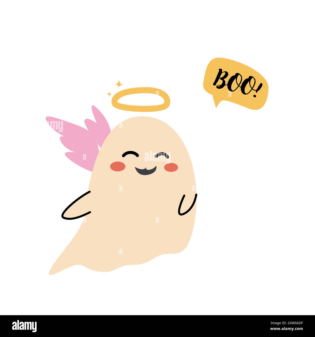 Niedlicher halloween-Geisterengel. Kinderfigur mit lustigem Gesicht und Sprechblase Buh oder gruseliger Nacht. Stock Vektor