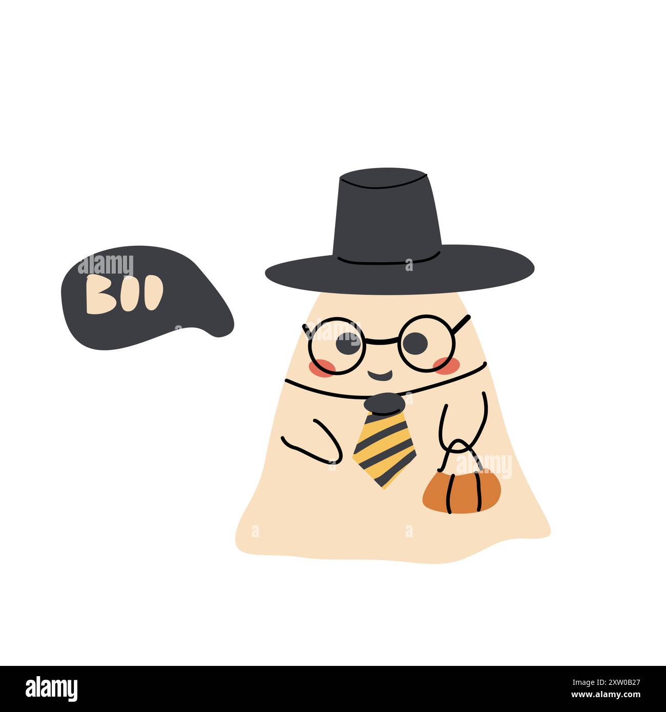 Niedlicher Geisterzauberer der halloween. Kinderfigur mit lustigem Gesicht und Sprechblase Buh oder gruseliger Nacht. Stock Vektor