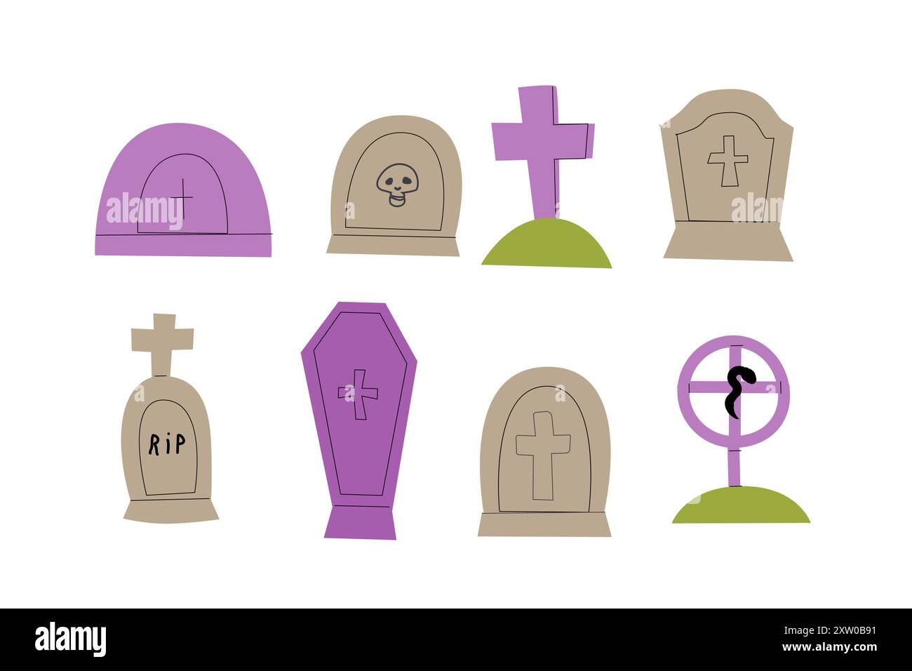 Grabstein flache Vektor-Illustrationen. RIP Grave Vektor-Symbole gesetzt. Cartoon-Aufkleber für halloween-Feiertage, Party-Element. Stock Vektor