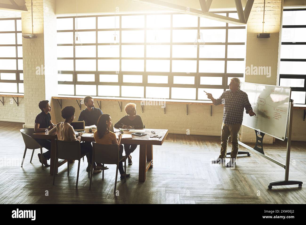 Whiteboard, Besprechung und Besprechung von Geschäftsleuten im Büro für Entwicklung, Planung und Führung. Mitarbeiter, kpi und Präsentation mit Idee in Stockfoto