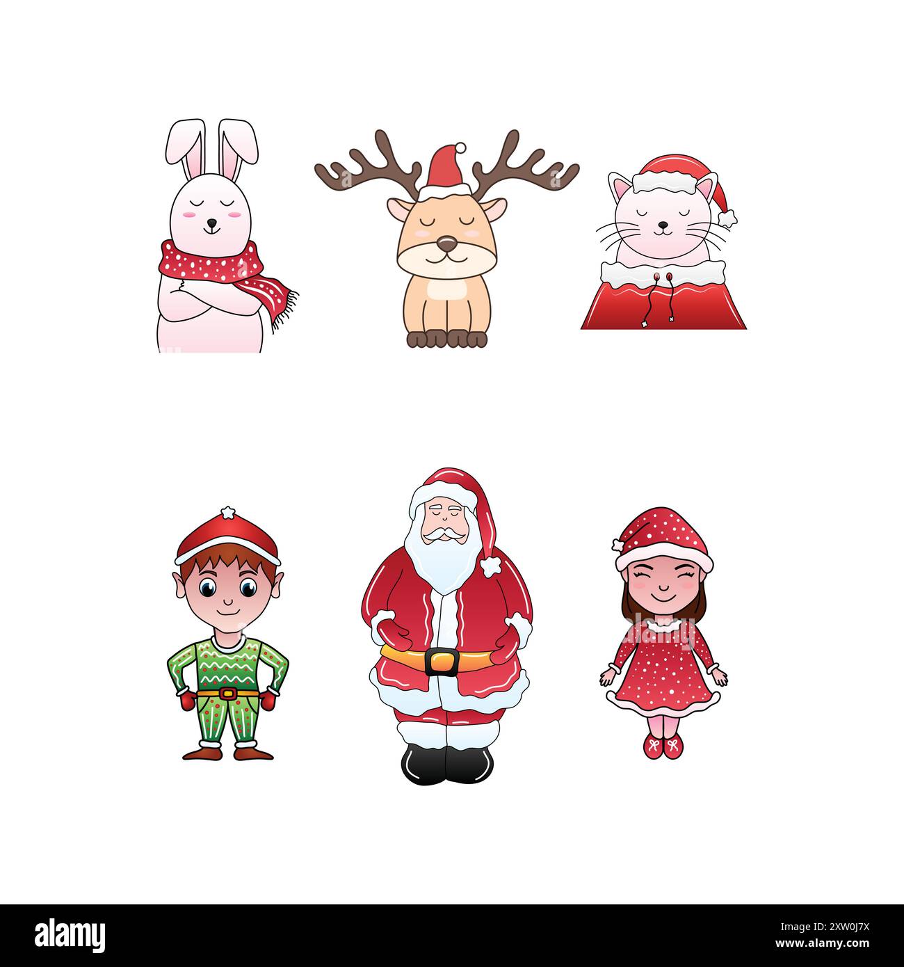 Sammlung von Weihnachtsfiguren Vektorvorlage, Weihnachtsmann, Elf, Rentier, Katze, Kaninchen, Kind Stock Vektor