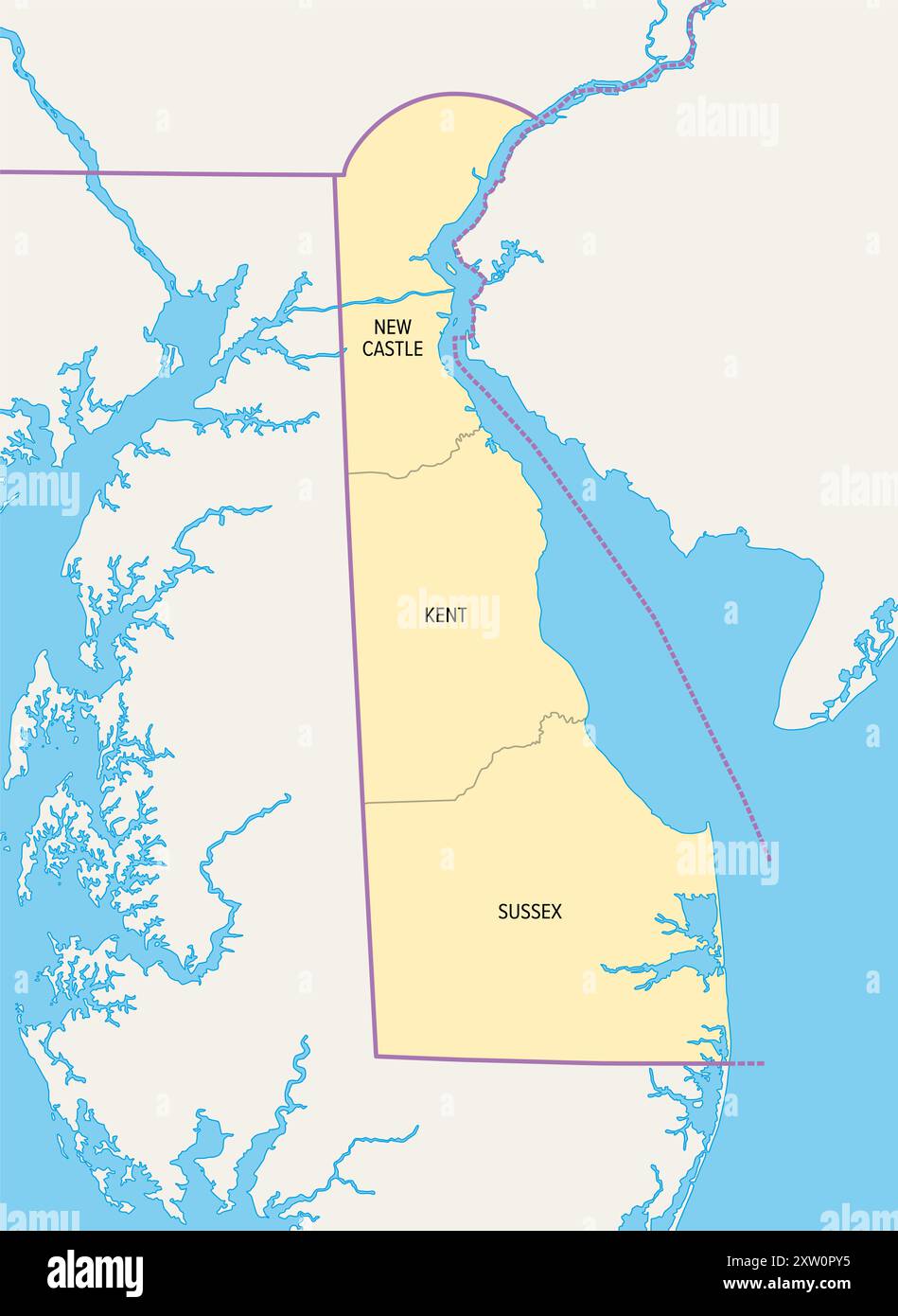 Delaware, US-Bundesstaat, politische Karte mit Grenzen und Bezirksnamen. Bundesstaat im Mittelatlantik und Nordosten der USA, aufgeteilt in drei Countys. Stockfoto