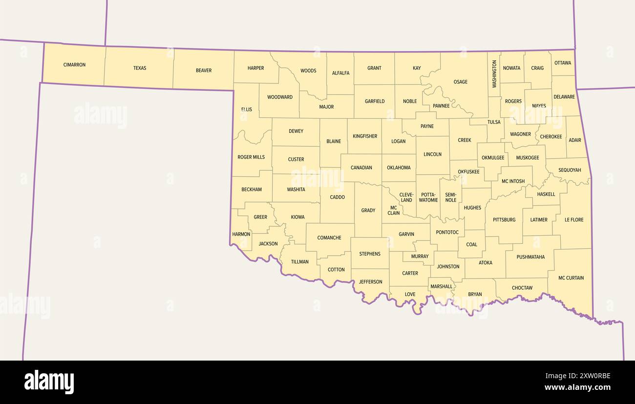 Oklahoma, US-Bundesstaat, politische Karte mit Grenzen und Bezirksnamen. Bundesstaat in der südlichen Zentralregion der USA, unterteilt in 77 Countys. Stockfoto