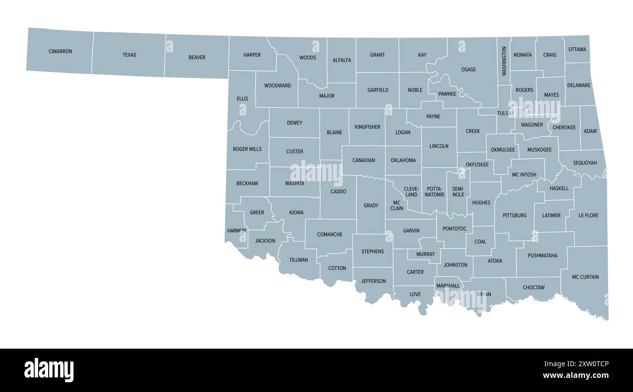 Oklahoma, US-Bundesstaat, graue politische Karte mit Grenzen und Bezirksnamen. Bundesstaat in der südlichen Zentralregion der USA, unterteilt in 77 Countys. Stockfoto