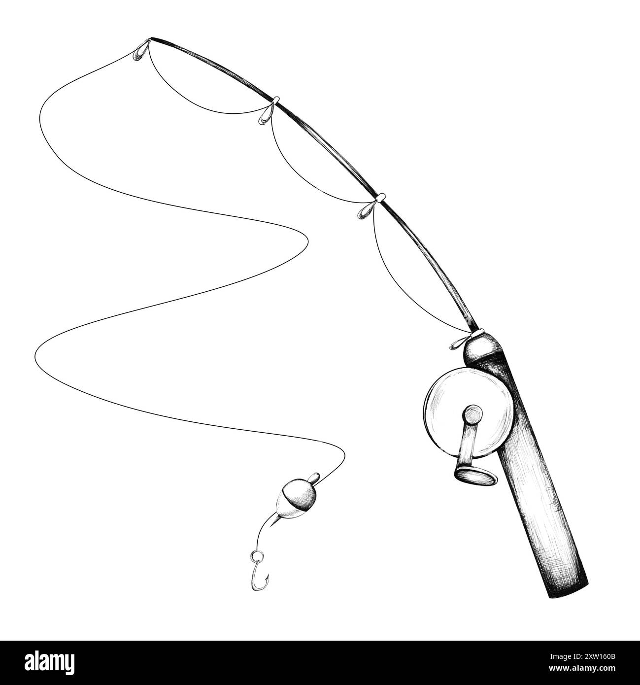 Eine Rute mit Angelschnur und ein Bobber. Angelausrüstung Clipart. Schwarz-weiße Strichgrafik. Handgezeichnete Tintendarstellung. Stockfoto