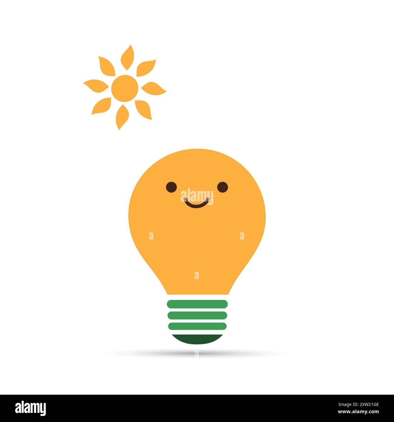 Orange Glühbirne und Sonne isoliert auf weißem Hintergrund - Emoji Glühbirne mit lustigem Gesicht, Emotion - kreatives Konzept der Idee, grüne erneuerbare Energie, Stock Vektor