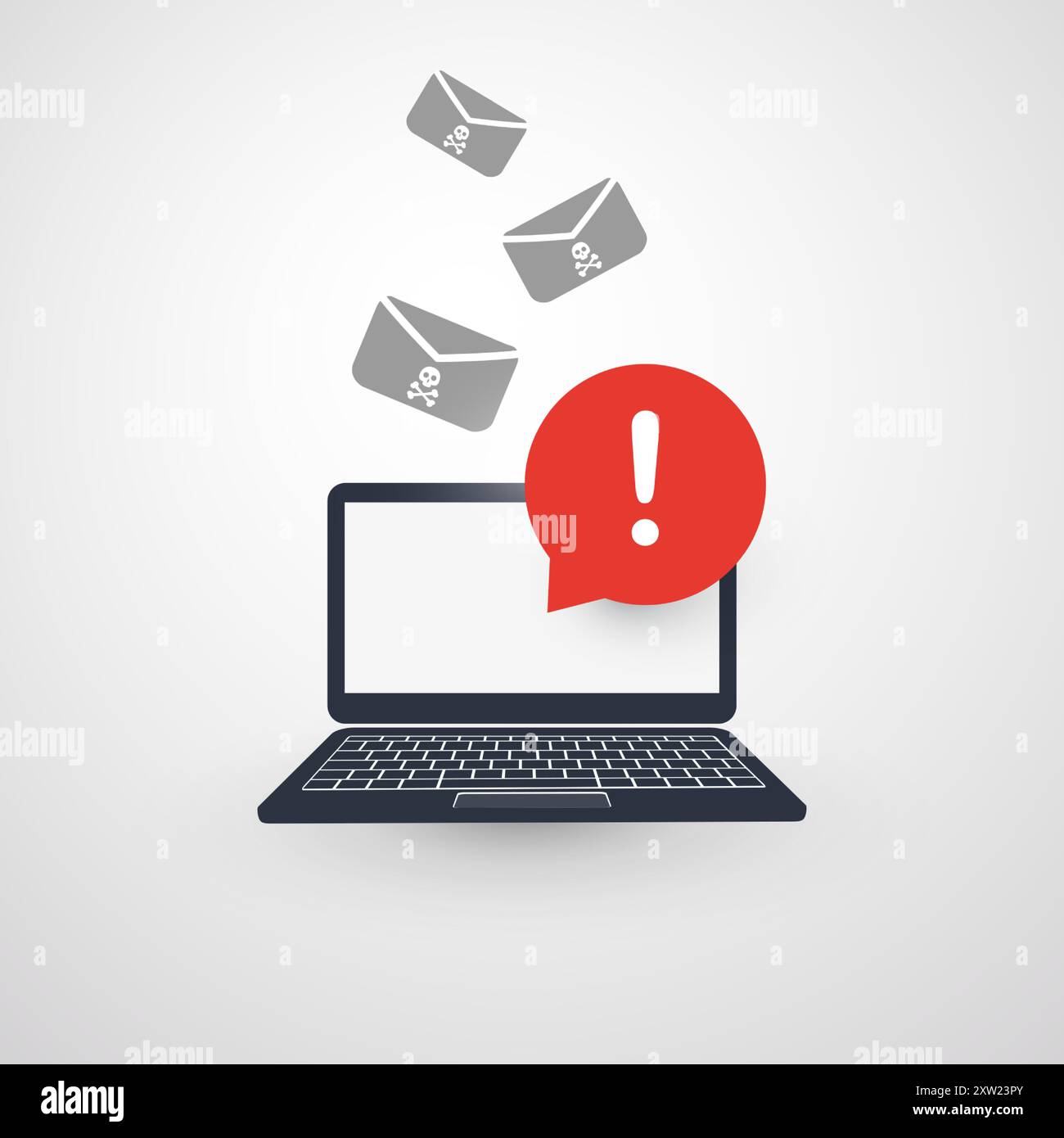 Benachrichtigung über Infektion per E-Mail, Notebook-Computer-Benachrichtigung, Warnung, wichtige Nachricht oder gefährliche infizierte E-Mail - Vector Concept Design - Notebook Stock Vektor