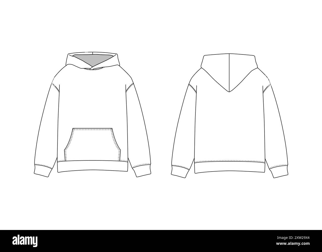 Klassischer Hoodie Technische Mode Illustration Hoodie Vektor-Vorlage Illustration Vorder- und Rückansicht übergroße Drop Shoulder Unisex Hoodie CAD Design Stock Vektor