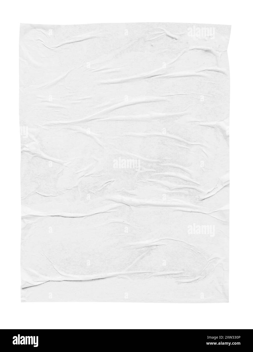 Leere weiße, zerknitterte und gefaltete Papierstruktur, isoliert auf weißem Hintergrund Stockfoto