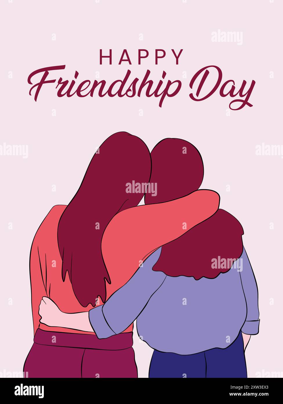 Happy Friendship Day Banner, zwei Freunde umarmen, handgezeichnet Stock Vektor