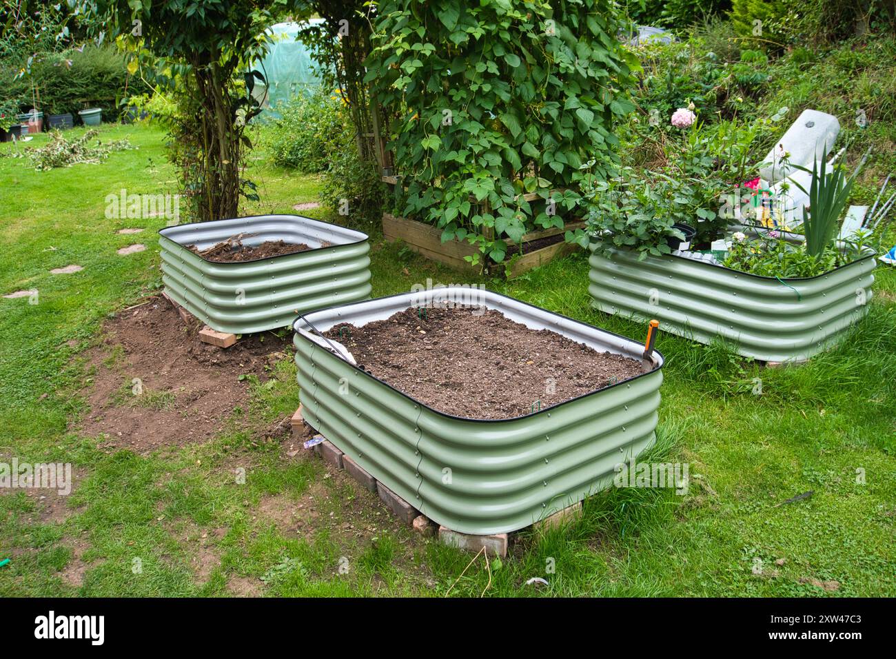 Erhöhte blassgrüne Gartenbetten aus Metall Stockfoto