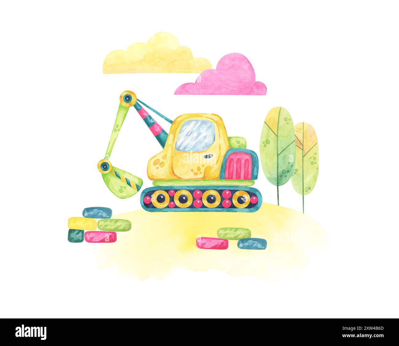 Bagger vor der Kulisse von Bäumen und bunten Bausteinen. Fahrzeugspielzeug Aquarell Clipart für Partydekorationen, Lernspiele oder Illustrationen von Kindergeschichten Stockfoto