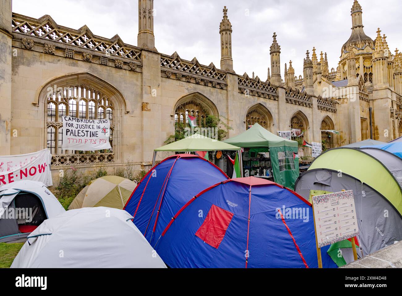 Gaza Protest - Demonstranten gegen den Gaza-Krieg / Konfliktlager mit Zelten, versuchen Gaza-Hilfe zu erheben; Kings College Cambridge University, Großbritannien Stockfoto