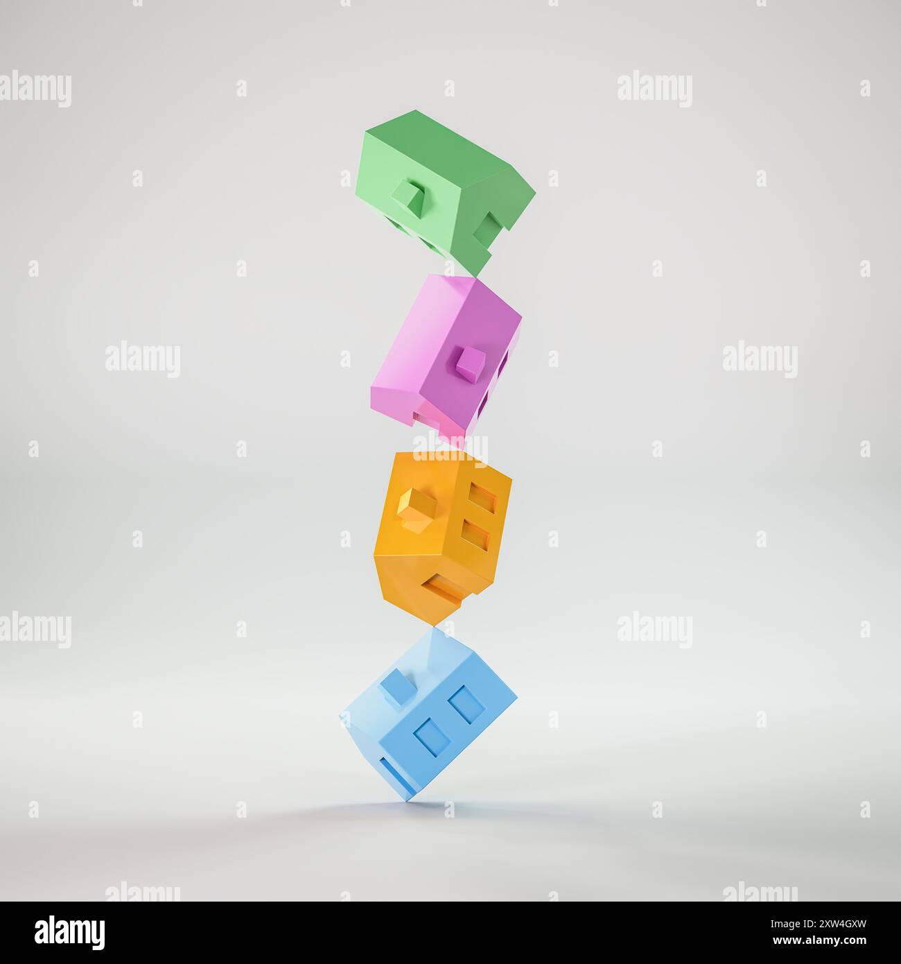 Vier Häuser in Blau, Orange, Pink und Grün, die aufeinander balancieren. Wohnungskonzept, wackelige Finanzierung, Risiko in Immobilien, Fragilität in den Haushalten Stockfoto