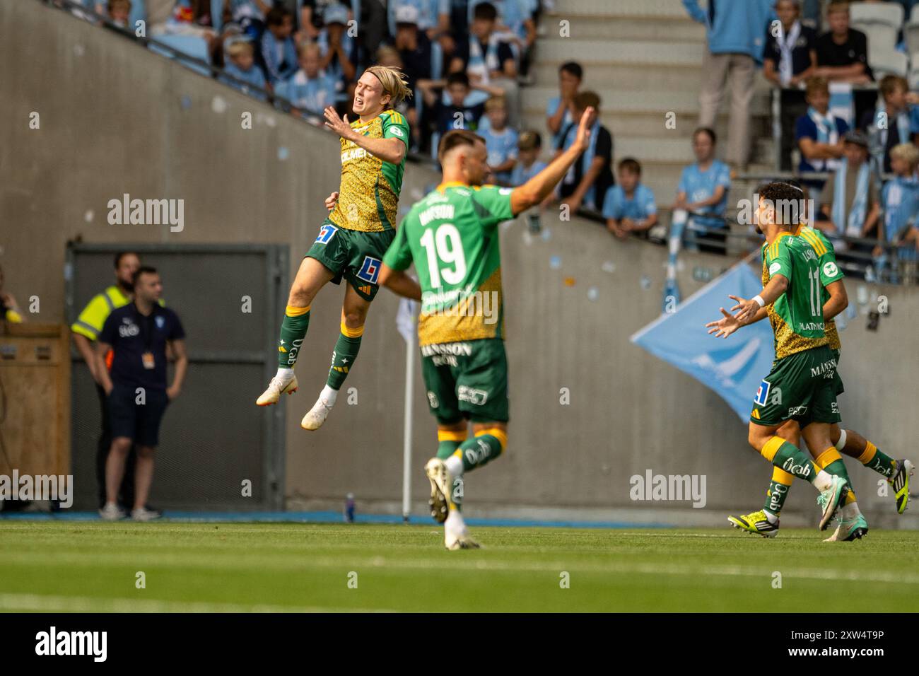 Malmoe, Schweden. August 2024. Isak Andri Sigurgeirsson vom IFK Norrkoping erzielte 1-0 während des Allsvenskan-Spiels zwischen Malmoe FF und IFK Norrkoping im Eleda-Stadion in Malmoe. Quelle: Gonzales Photo/Alamy Live News Stockfoto