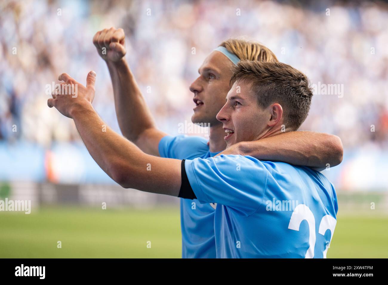 Malmoe, Schweden. August 2024. Lasse Berg Johnsen (23) von Malmoe FF erzielte 2-1 beim Allsvenskan Spiel zwischen Malmoe FF und IFK Norrkoping im Eleda Stadion in Malmoe. Quelle: Gonzales Photo/Alamy Live News Stockfoto