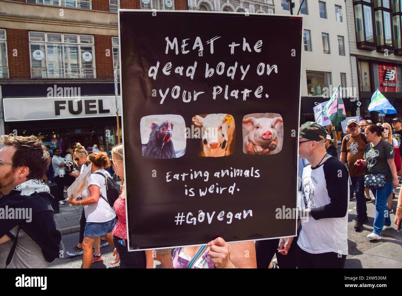 London, Großbritannien. August 2024. Tierschützer passieren die Oxford Street während des National Animal Rights March im Zentrum von London. Der jährliche Protest hebt das Leiden und den Tod von Milliarden von Tieren in allen Bereichen menschlichen Handelns hervor, kämpft für die Tierbefreiung und für ein Ende der Tierausbeutung und fördert Veganismus und einen grausamen Lebensstil. Quelle: Vuk Valcic/Alamy Live News Stockfoto