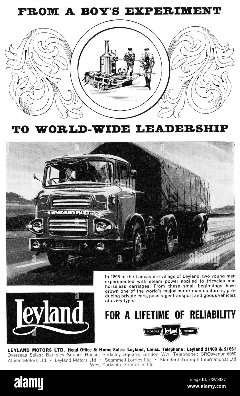 Eine Werbung für den britischen Nutzfahrzeughersteller Leyland Motors Limited aus dem Jahr 1965 mit dem Slogan „vom Experiment eines Jungen zur weltweiten Führung – für ein Leben der Zuverlässigkeit“. Die Anzeige zeigt einen Leyland Beaver Truck Mitte der 1960er Jahre. Stockfoto
