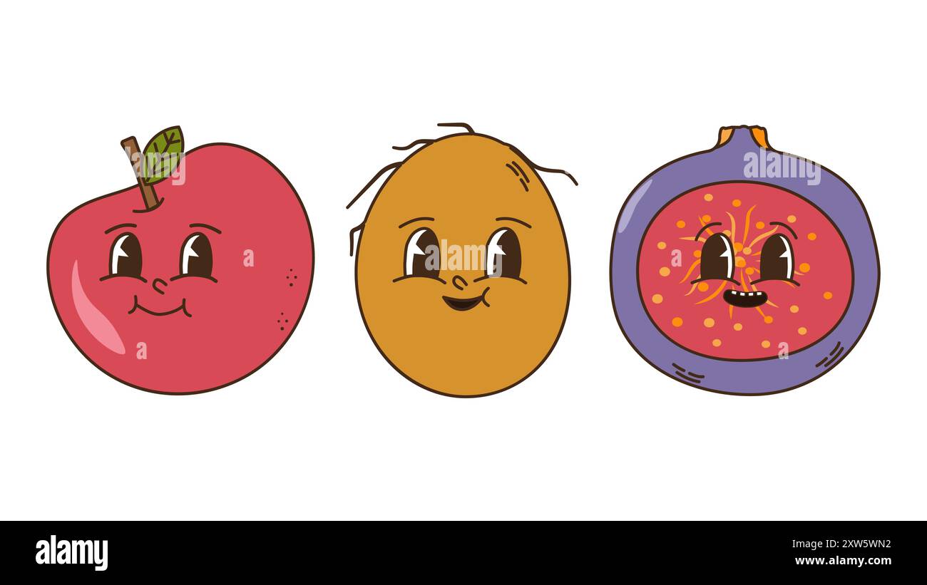 Obst und Beeren im groovigen Stil. Charaktere trendiges Retro-Comic-Maskottchen. Apfelkost-Feige Bannerposter entwerfen. Y2K Hippie 70er, 80er Jahre Vektorabbildung. Stock Vektor