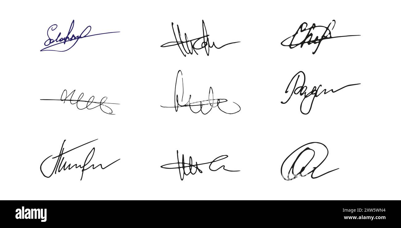 Gefälschte Signatur, handgezeichnetes Muster, eigenes Autogramm. Fiktive handschriftliche Unterschrift. Blaue Tintenfarbe. Scribble für Musterverträge Dokumente Zertifikate oder Briefe. Vektorabbildung. Stock Vektor