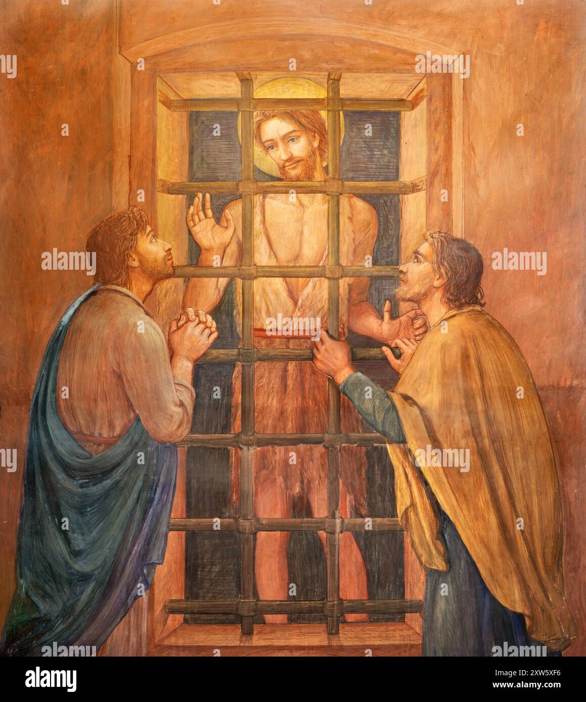 MAILAND, ITALIEN - 7. MÄRZ 2024: Das Fresko des heiligen Johannes des Täufers mit den Jüngern im Gefängnis in der Kirche Chiesa di San Vito in Gianbellino Stockfoto