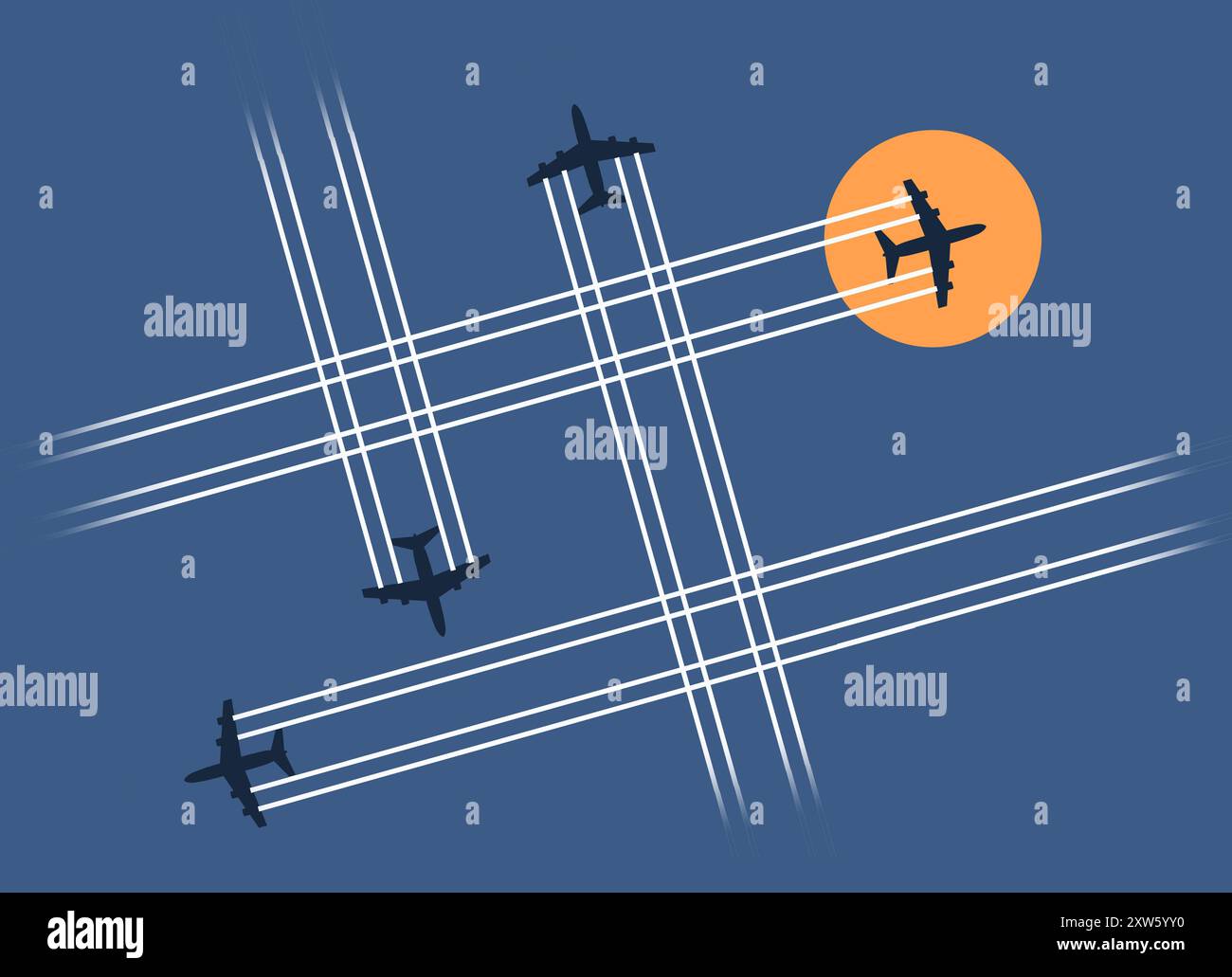 Der stark frequentierte Flugverkehr wird durch Düsenflugzeuge dargestellt, die sich über Dampfwege bewegen und den Flugzeugen folgen. Stockfoto