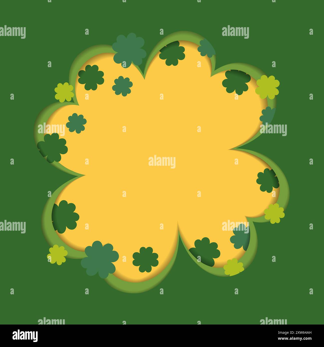 Kleeblatt mit vier Blütenblättern im Papierschnitt. Kopierbereich. Vorlage für die Begrüßung am St. Patrick Day. Irland Glückssymbol von oben. Vektorkarten, Poster, Banner, Preis, Etikett oder Web, promo-Konzept Stock Vektor