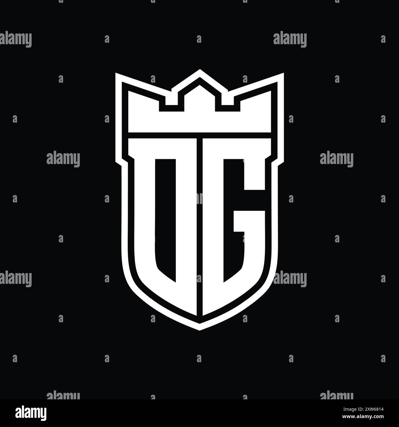 DG Letter-Logo mit Schildform mit geometrischer Krone im Inneren des weißen Umrisses auf schwarzem Hintergrund Stockfoto