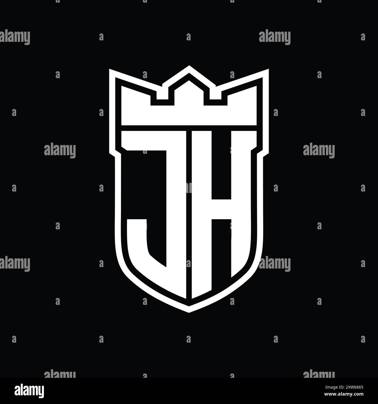 JH-Letter-Logo mit Schildform und geometrischer Krone innen mit weißem Rand auf schwarzem Hintergrund Stockfoto