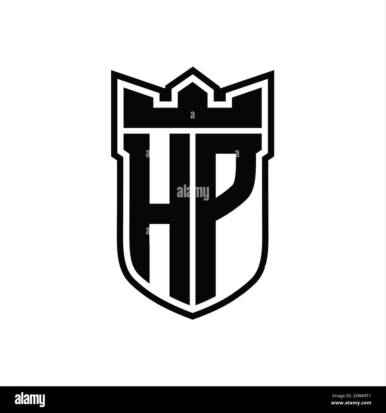 HP Letter Logo mit Abschirmung und geometrischer Krone im schwarzen Umriss auf weißem Hintergrund Stockfoto