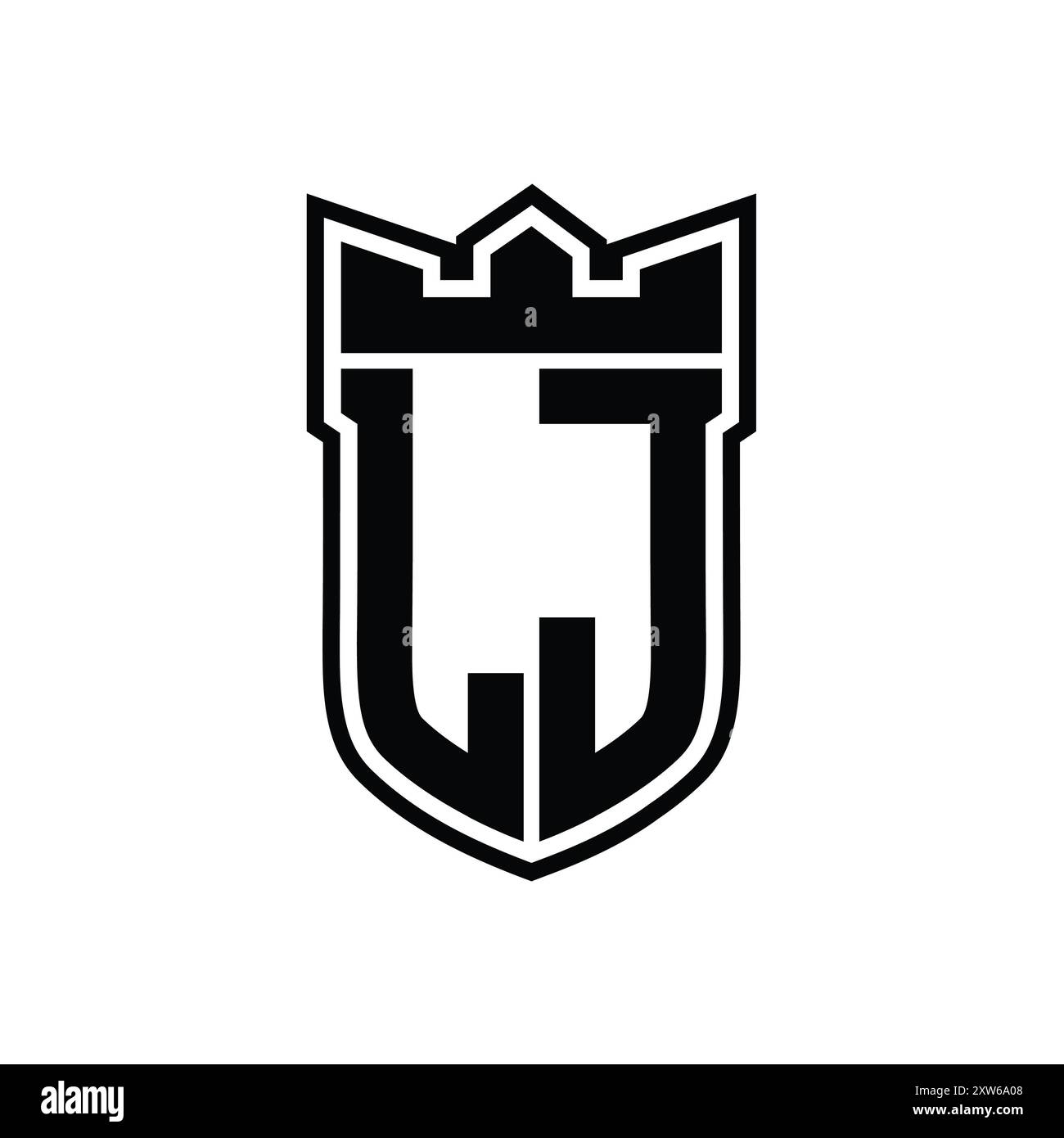 Logo mit LJ-Letter und Schildform mit geometrischer Krone innen in schwarzer Umrandung auf weißem Hintergrund Stockfoto