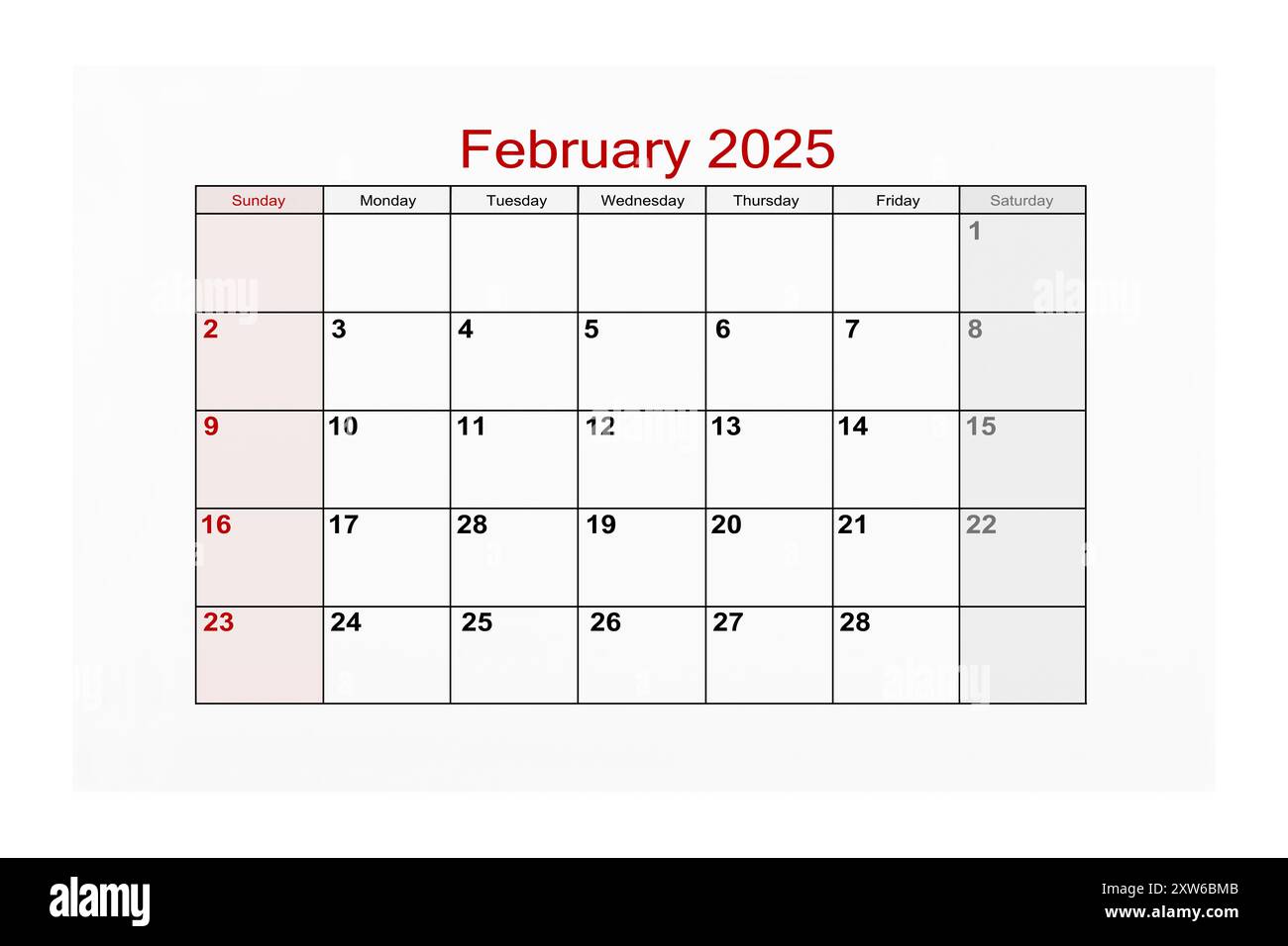 Februar 2025 Kalenderseite für 2025 Jahre isoliert auf weißem Hintergrund. Stockfoto