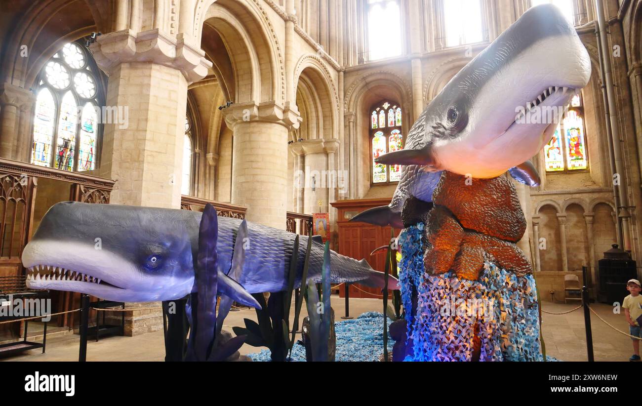 Die Monsters of the Sea Ausstellung in der Peterborough Cathedral. Imgage zeigt eine Livyatan Melville, eine Art ausgestorbener prähistorischer Pottwale. Stockfoto
