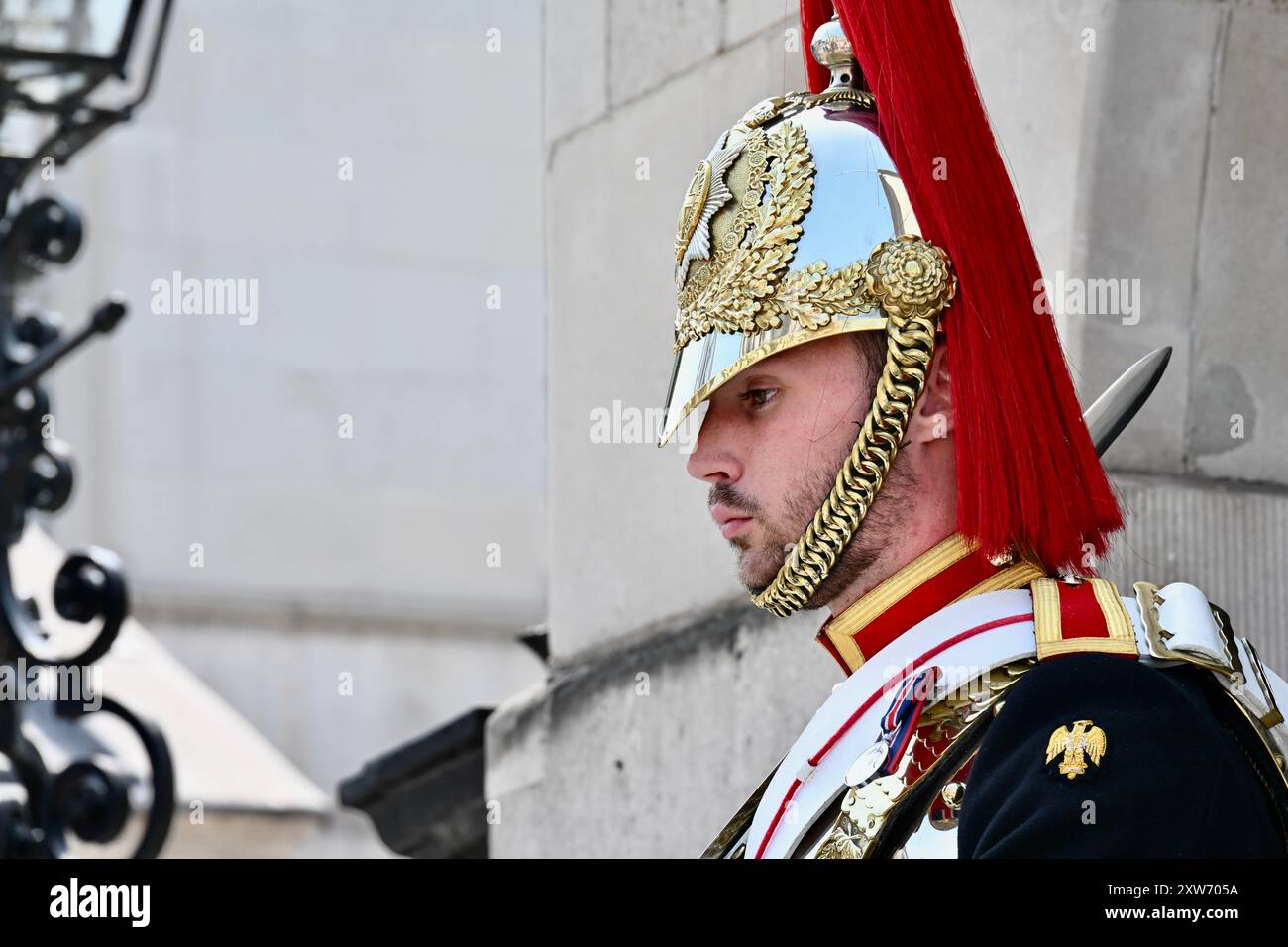 Blues and Royal Soldier, Horse Guards Parade, Whitehall, London, Großbritannien Stockfoto