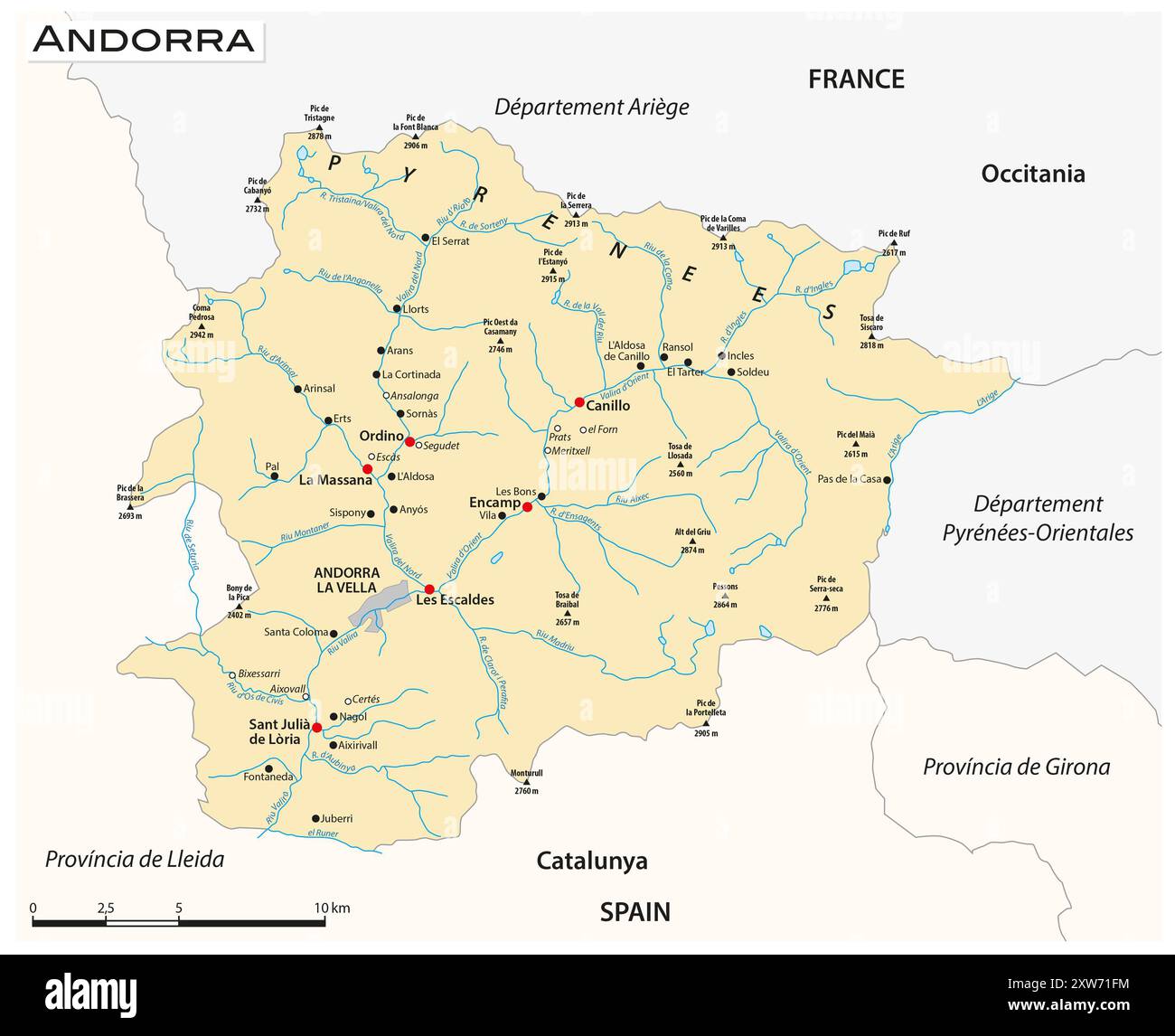 Vektorkarte des Fürstentums Andorra Stockfoto